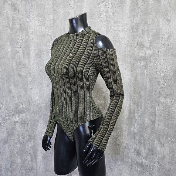 Dream Bandits S Tell Me Gold Metallic Stripe‎ Cold Shoulder Bodysuit Mock Neck - Picture 5 of 12